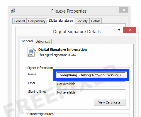 Screenshot of the ZhongXiang ZhiXing Network Service Co., Ltd. certificate